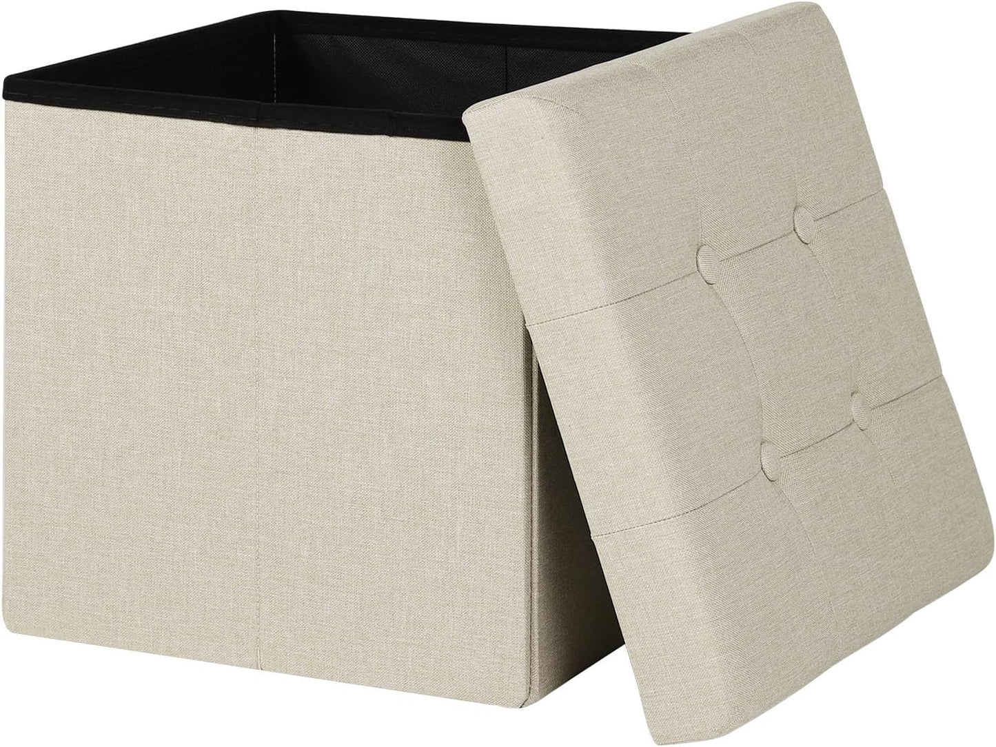 Woltu Opvouwbare Opbergpoef met Deksel - Gebroken Wit Linnen - 37,5 x 37,5 x 38 cm - Opbergkruk & Voetenbank 35L