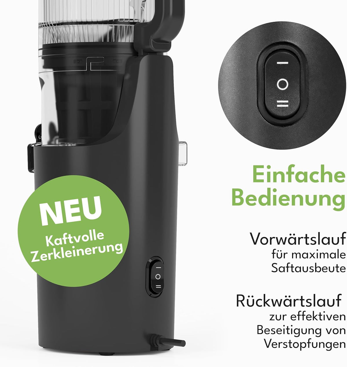 LEBENLANG Slow Juicer Verticaal 17x17x45 cm – Mat Zwart – Grote 120 mm Opening – 300W – 600 ml – BPA-vrij – Voor Hele Vruchten en Groenten