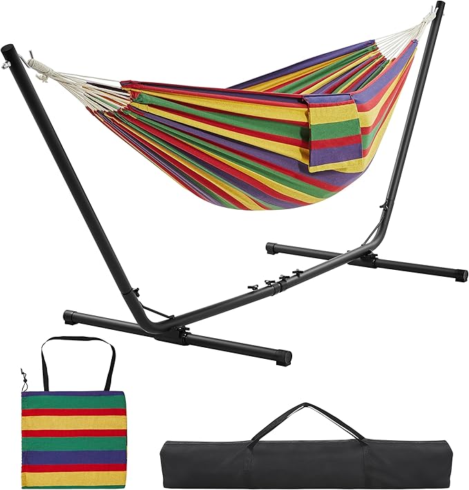 Yaheetech Hangmat met Standaard 294–314 cm – Regenboogstrepen – Verstelbare 2-Persoons Tuinhangmat met Draagtas tot 205 kg