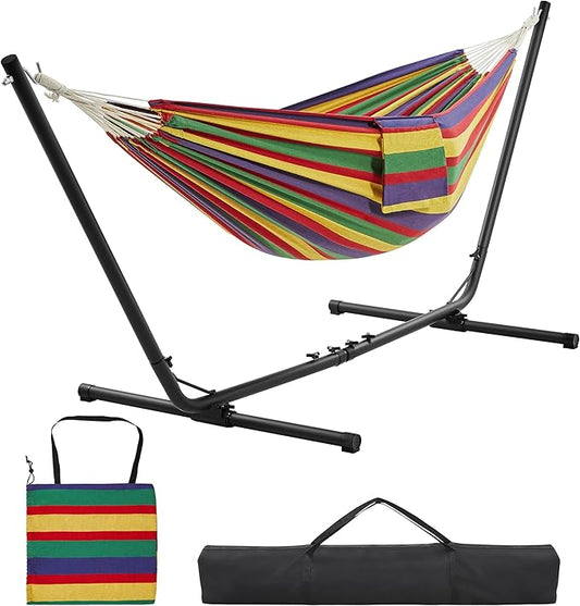 Yaheetech Hangmat met Standaard 294–314 cm – Regenboogstrepen – Verstelbare 2-Persoons Tuinhangmat met Draagtas tot 205 kg