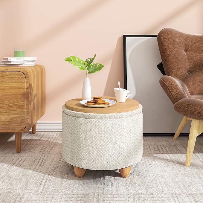 WOLTU opberg poef - ronde voetenbank met deksel - linnen crème wit - 39 x 33 cm - houten poten