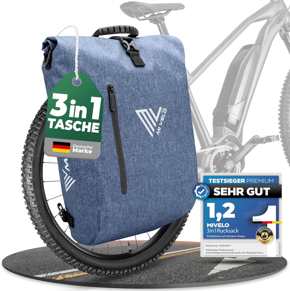 MIVELO 3-in-1 Waterdichte Fietstas met Laptopvak en Slot - PVC-vrij - Jeansblauw - 20 L