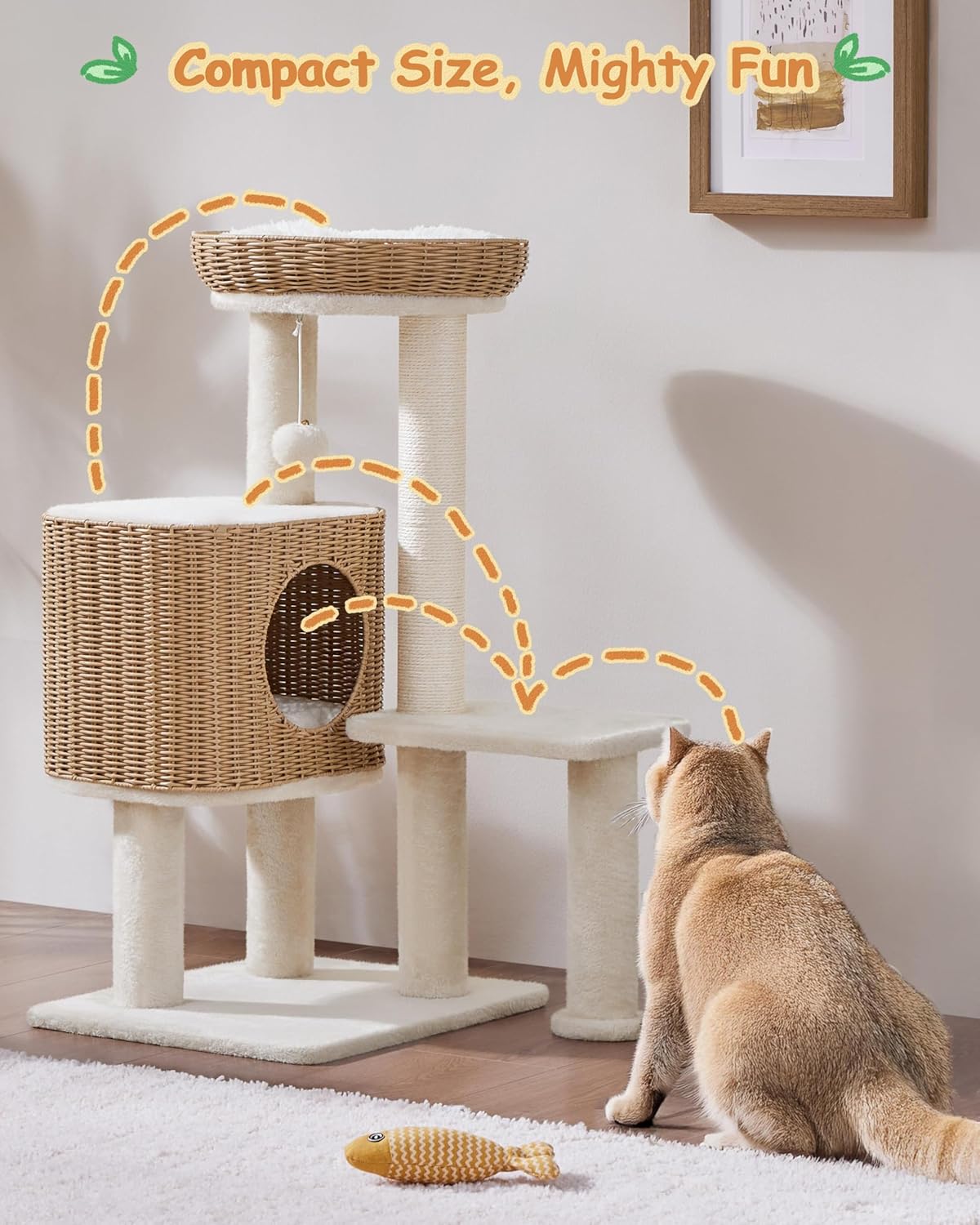 Yaheetech Krabpaal Met Rotan Kattenhuis – 49 x 41 x 91 cm – Voorzien Van Luxe Kattenmand En Sisal Krabpalen En Zachte Uitneembare Matten – Voor Kittens En Volwassen Katten – Beige Rotan En Pluche