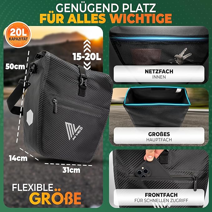 MIVELO Fietstas – Waterdicht & Incl. Schouderband & Laptopvak – 20 liter – Carbon