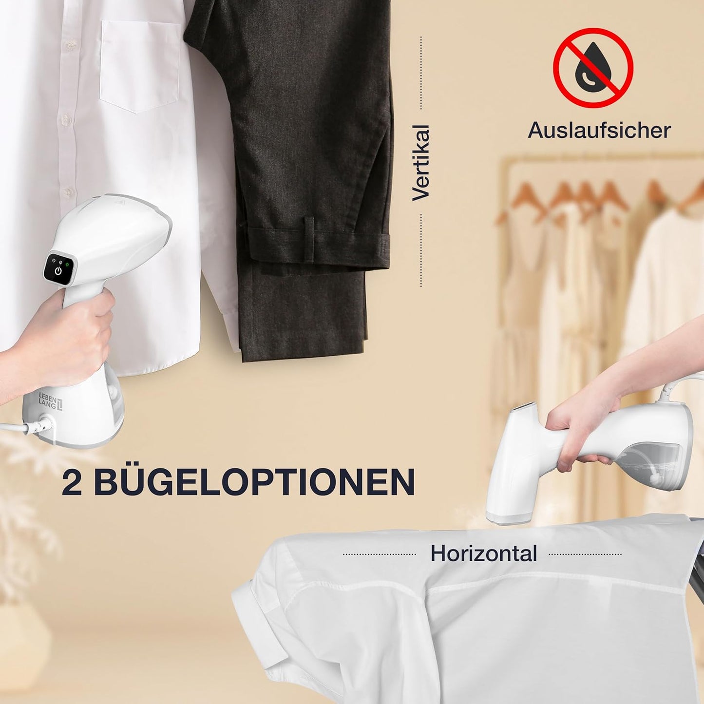 LEBENLANG Stoomstrijkijzer – Handstomer met LCD & 2 Opzetstukken – 1500W – 300 ml – 7 x 4 x 10 cm – Wit