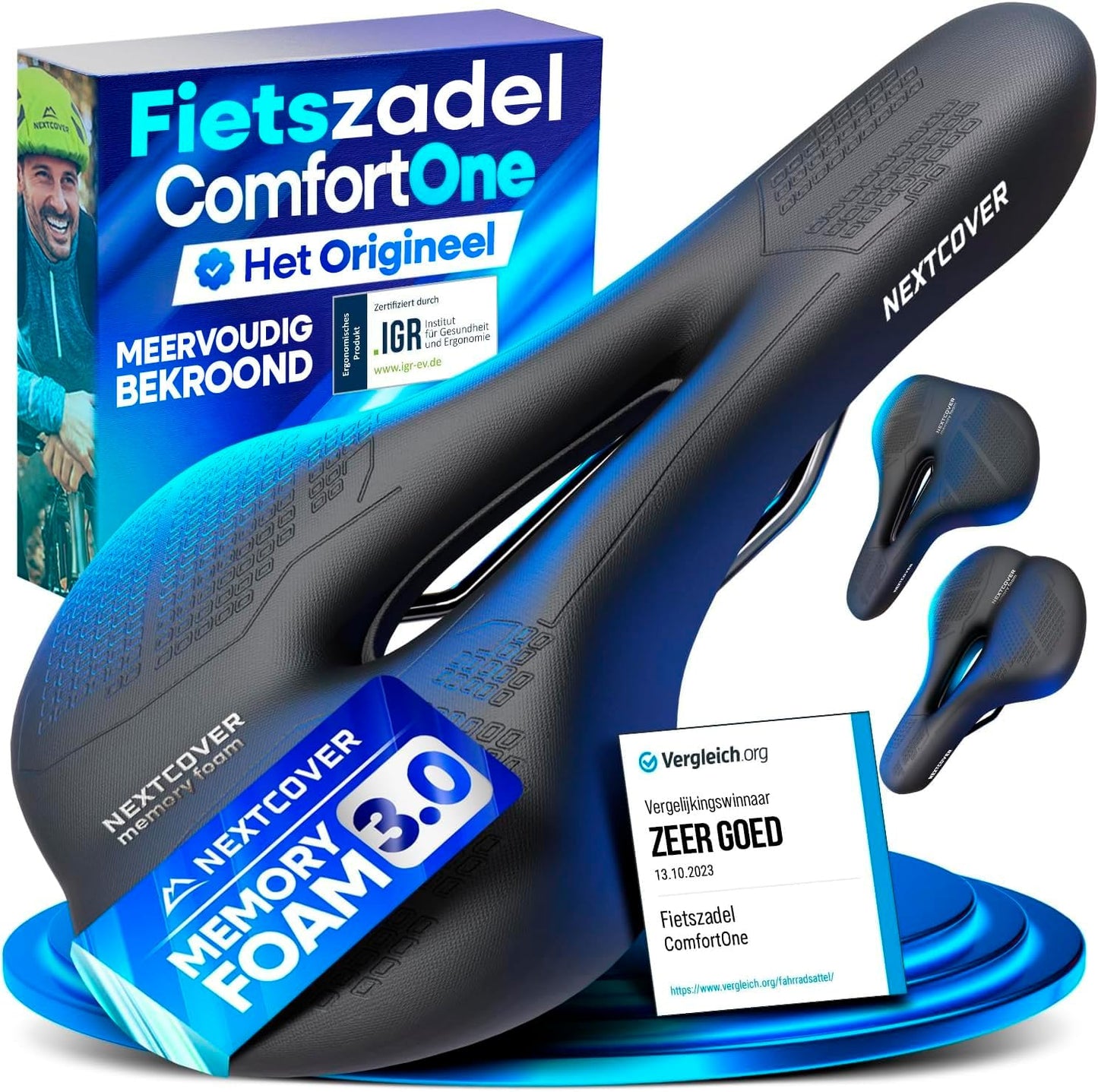 Nextcover Fietszadel met Memory Foam 3.0 - Zwart - 26 x 18 x 10 cm - Ergonomisch Comfort Zadel voor Stadsfiets en MTB