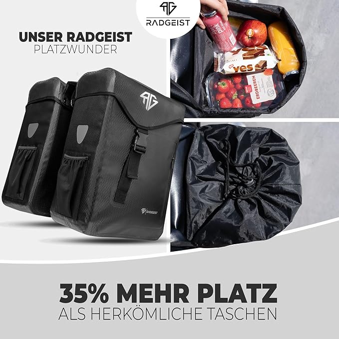 RADGEIST fietstas voor bagagedrager 100% waterdicht I Dubbele tas fiets 50 liter - Dubbele bagagedraagtas met gemakkelijke bevestiging