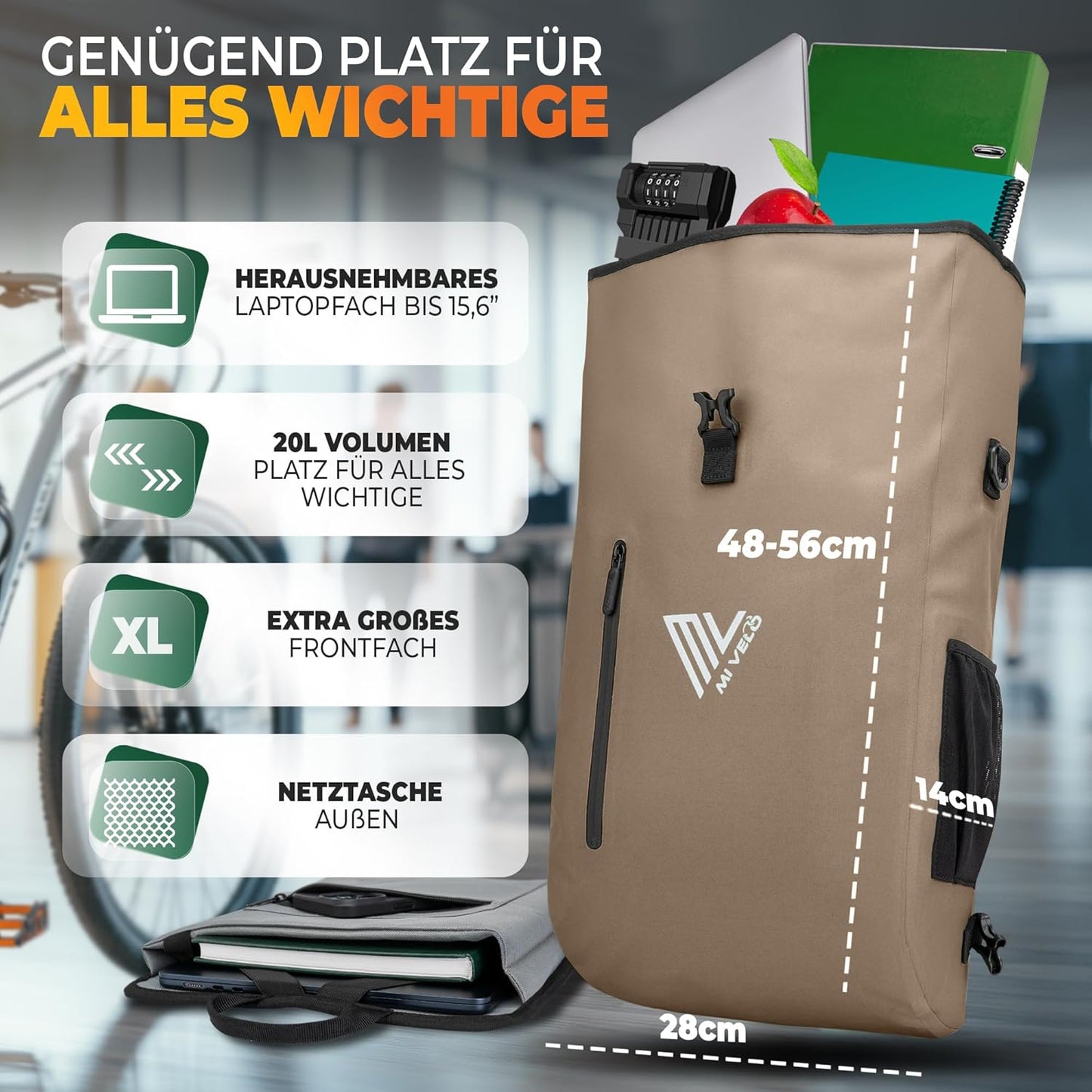 MIVELO 3-in-1 Waterdichte Fietstas met Laptopvak en Slot - PVC-vrij - Zandbeige - 20 L