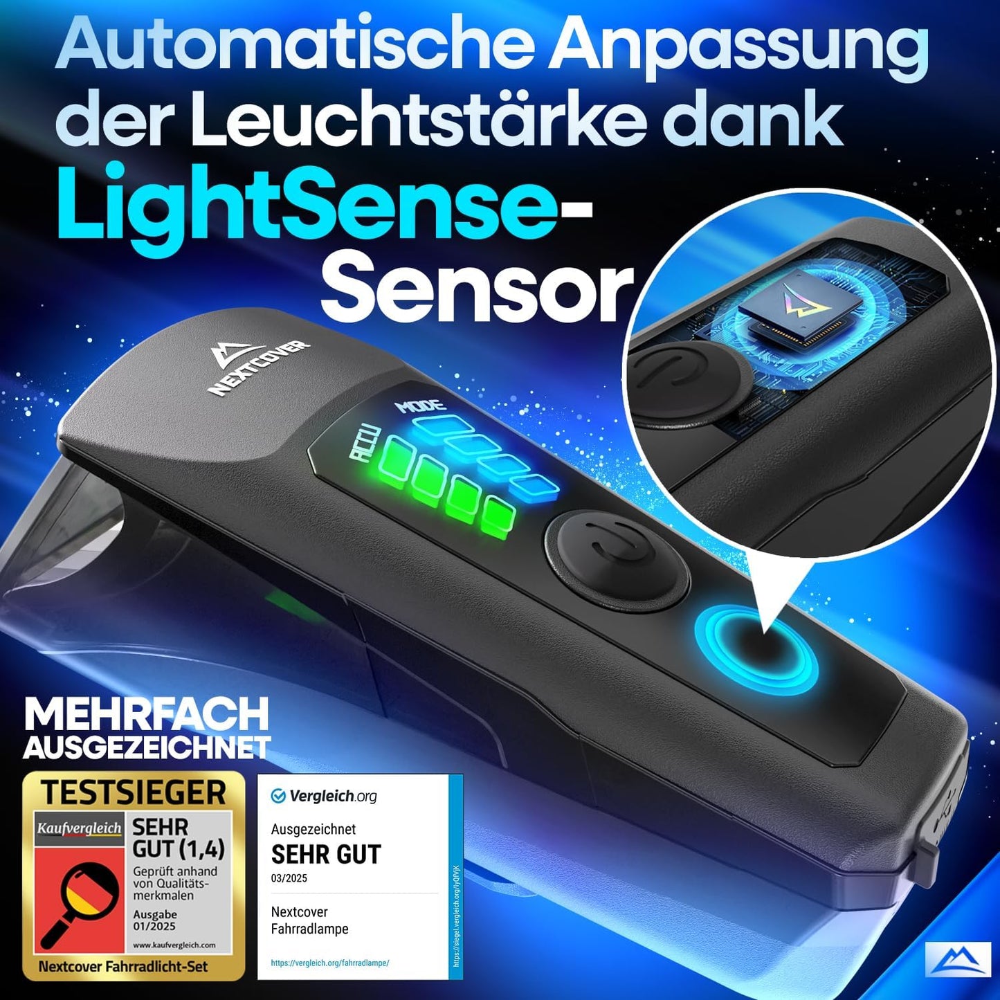 NEXTCOVER® fietsverlichtingsset - Met Sensor - 11 uur batterijduur - USB-oplaadbaar - waterdicht - StVZO-goedgekeurd