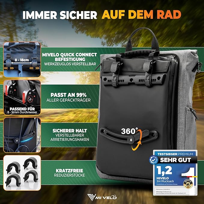 MIVELO - 3-in-1 Fietstas & Rugzak - 25 l Inhoud - TPU - Grijs - Met Laptopvak & Schouderband - Voor Bagagedrager