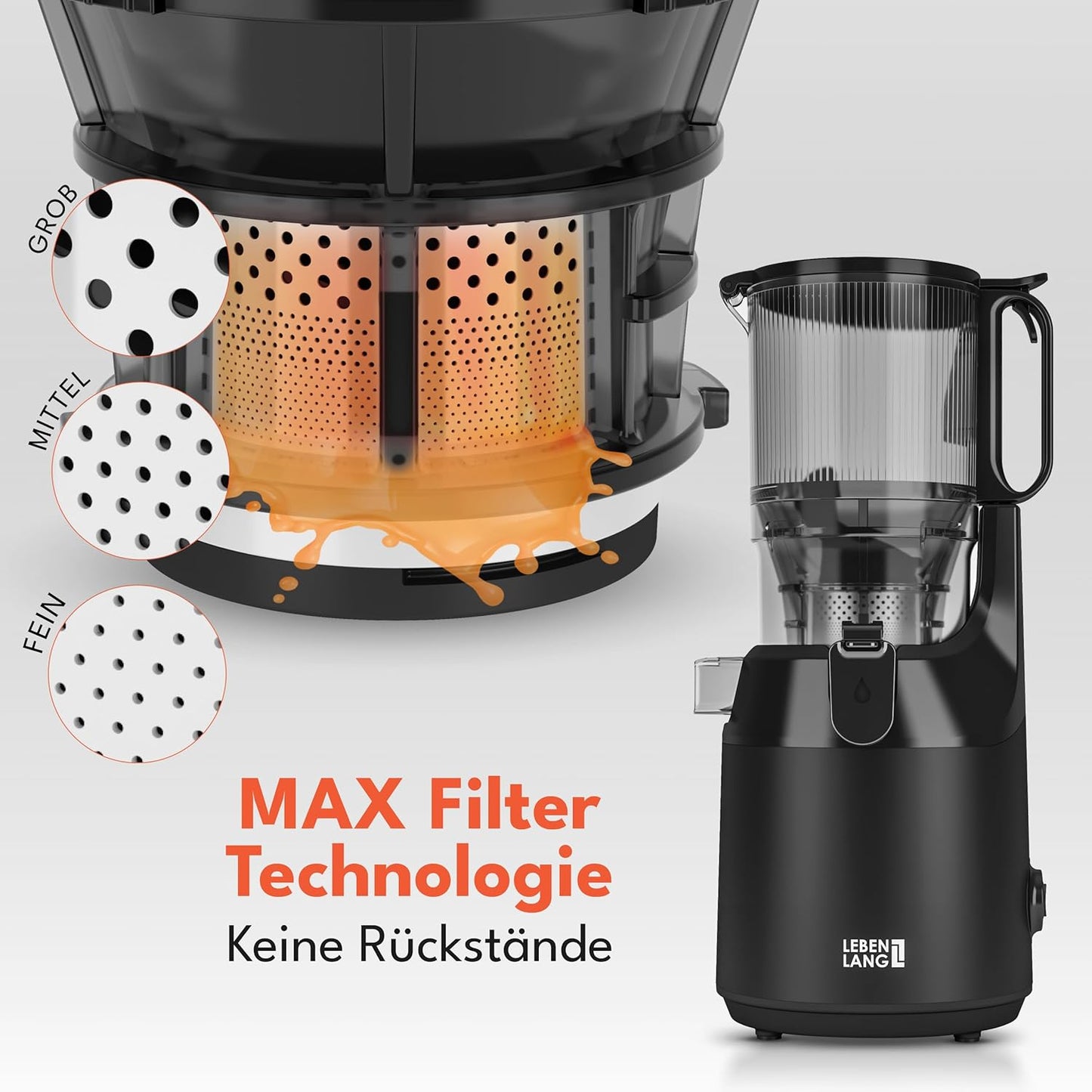 Lebenlang Slow Juicer sapcentrifuge - Incl. 2 Sapbekers - 250 W - BPA-vrij - Zwart - 38 x 34 x 20 cm