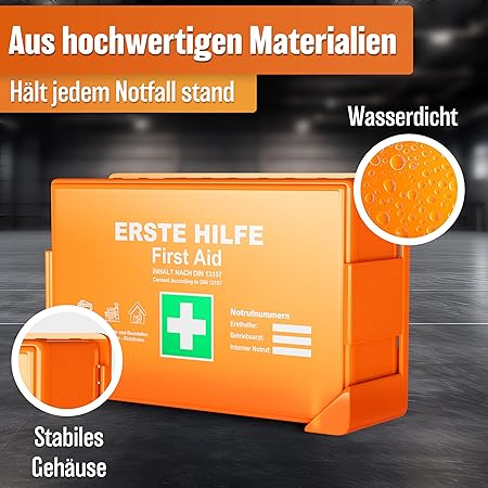 HELDENWERK Eerste hulp doos versie 2026 [DIN 13157:2021] incl. wandhouder & 5 x stickers | EHBO-koffer voor kantoor, huishouden en horeca - bedrijf verbanddoos gevuld, saniteitskast