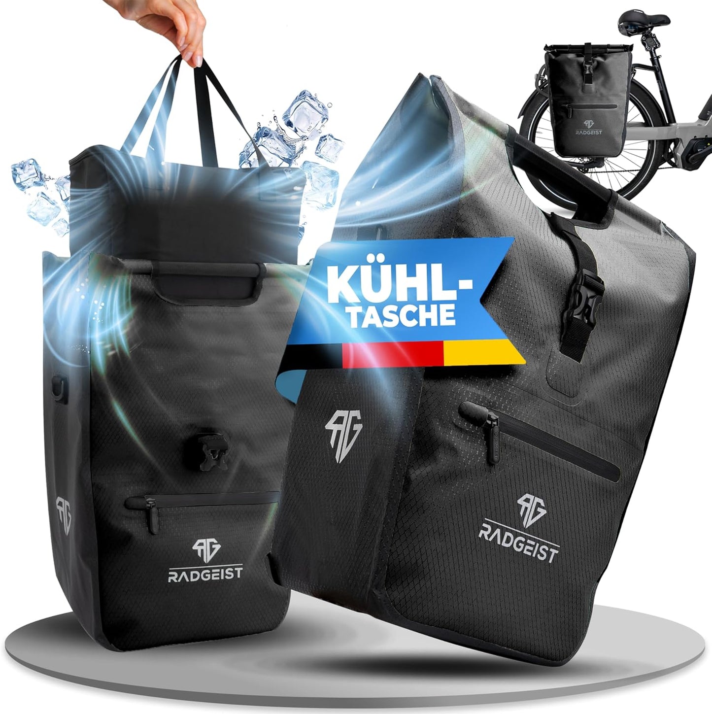RADGEIST fietstas voor bagagedrager I fietstas shopper met uitneembare koeltas I boodschappentas & boodschappendraagtas 22-28 liter - zwart