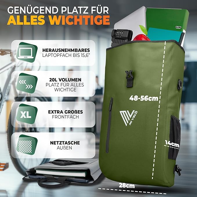 MIVELO – 3-in-1 Waterdichte Fietstas met Laptopvak – Olijfgroen – 20L