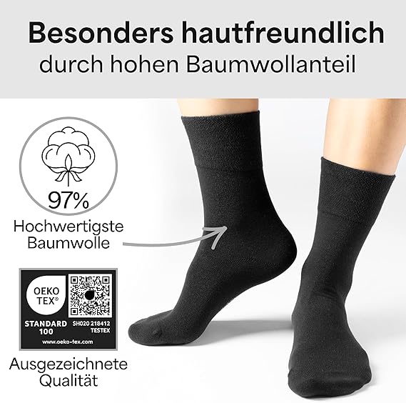 HELDENWERK Diabetische sokken voor heren en dames, 10 paar, diabetici-sokken zonder elastische band en naad van 97% katoen, extra brede gezondheidssokken met comfortabele band - Maat 39-42 - Zwart