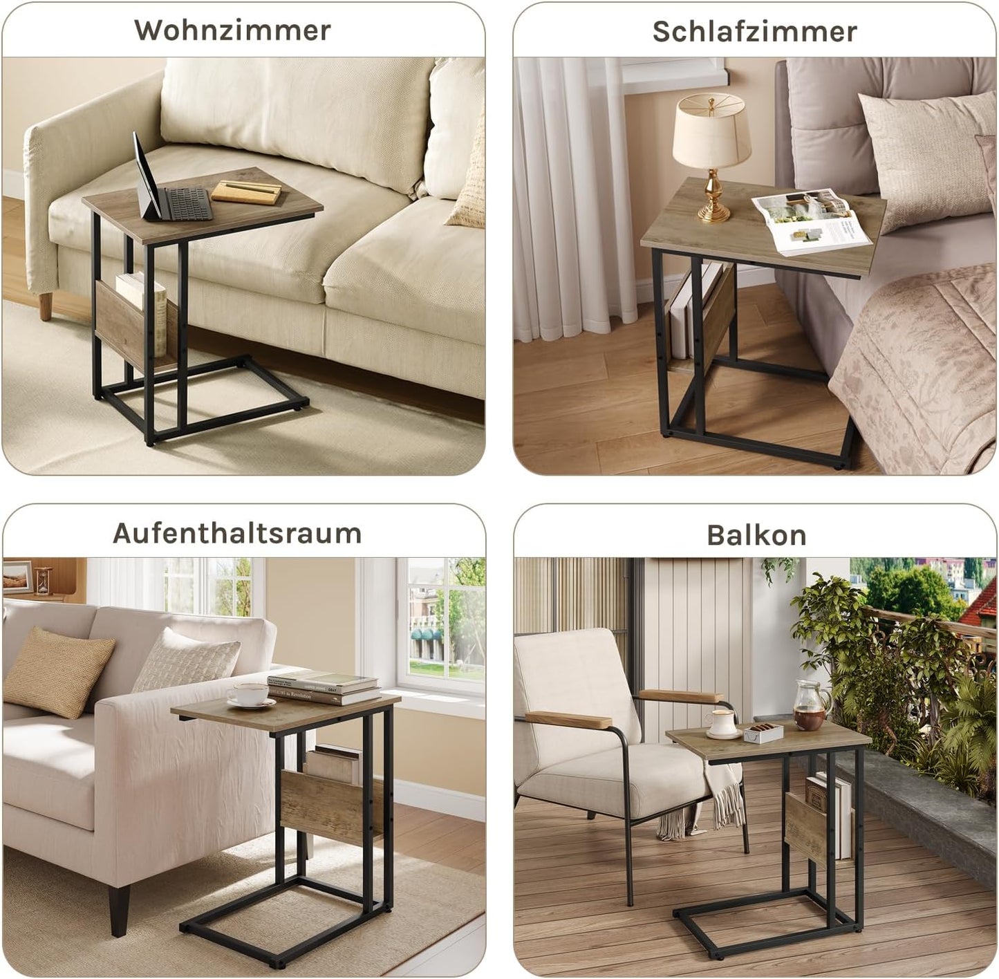Woltu C-vormige Bijzettafel met Opbergrek - Grijze Houtlook - Metaal - 55 x 36 x 59,5 cm