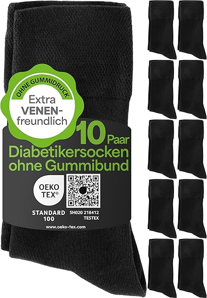 HELDENWERK Diabetische sokken voor heren en dames, 10 paar, diabetici-sokken zonder elastische band en naad van 97% katoen, extra brede gezondheidssokken met comfortabele band - Maat 43-46 - Zwart