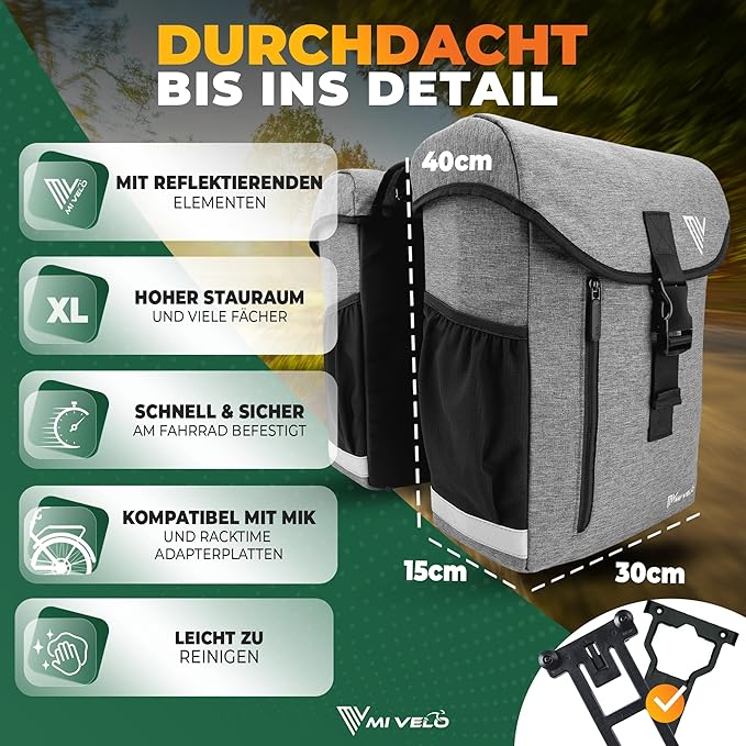 MIVELO Fietstas Dubbel – Waterdicht & Incl. Reflecterende Regenhoes – 36 liter – Grijs