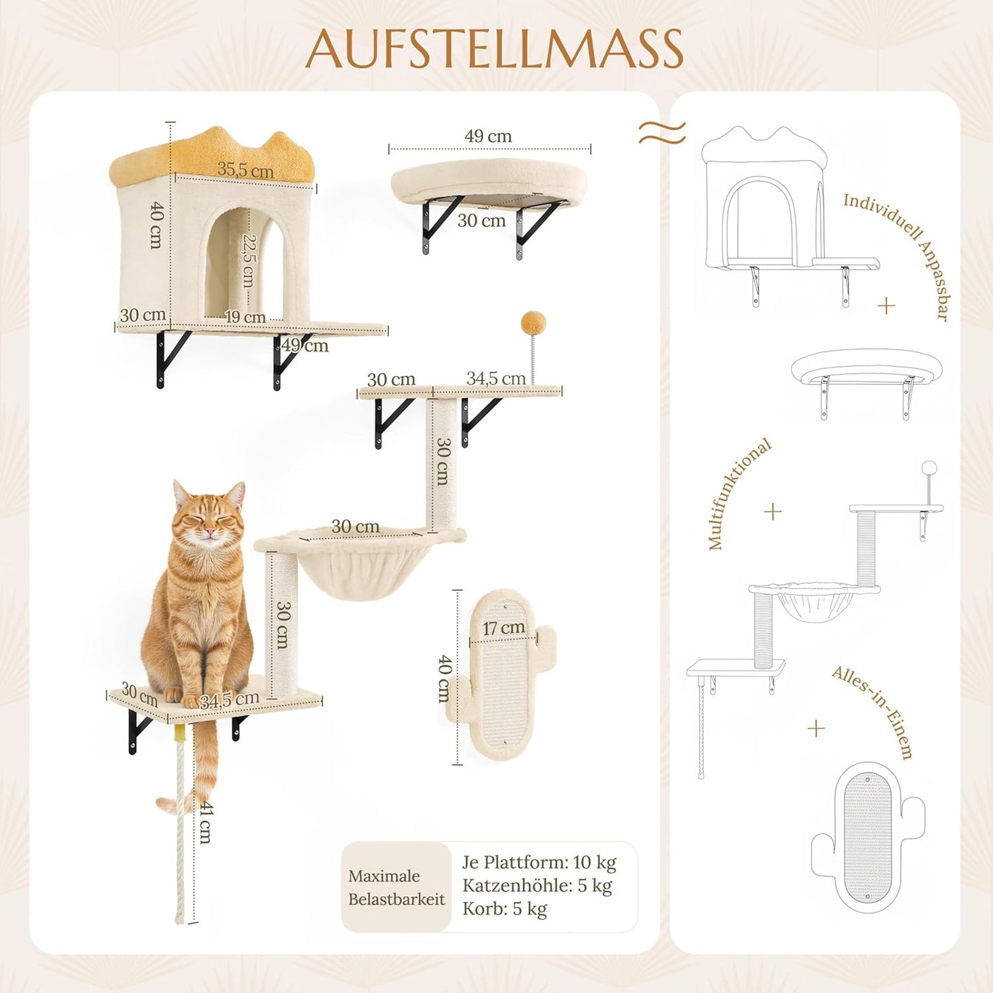 Yaheetech Klimwand Voor Katten - 4-Delig - Met Krabgedeelte En Mandje - Beige