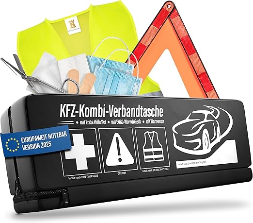 Heldenwerk 3-in-1 Auto EHBO-Set 2026 – Verbanddoos, Gevarendriehoek & Veiligheidsvest, EU-conform