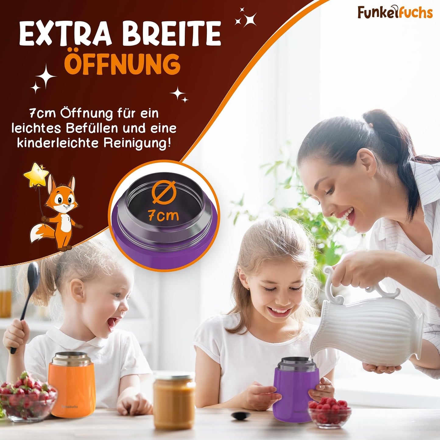 Funkelfuchs® thermosbeker voor kindervoeding - 500ml, paarse prinses - 100% lekvrij - roestvrijstalen warmhoudbeker - thermische beker - thermische lunchbox - babyvoeding