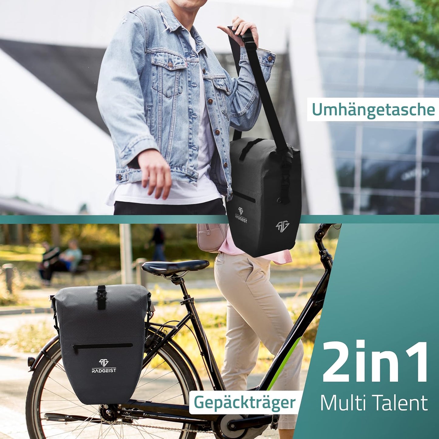 RADGEIST fietstas voor bagagedrager set - 2X tas voor fietsbagagedrager - bagagedraagtas waterdicht & schoudertas - fietstas met reflectoren