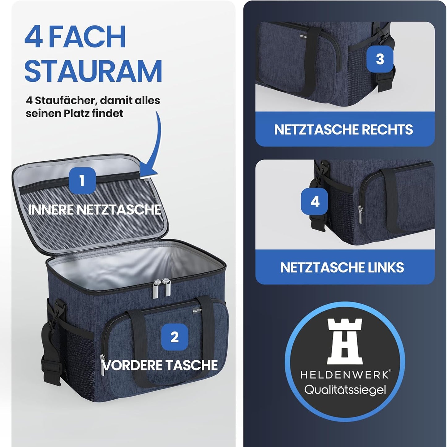 HELDENWERK Koeltas Klein & Opvouwbaar – 10 Liter Thermische Lunchtas – Geïsoleerd, Waterdicht & Lekvrij – Picknicktas, Koeltas, Brunch- en Lunchtas – Navy Blue