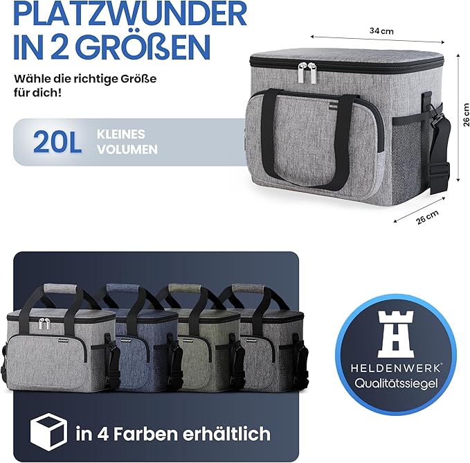 HELDENWERK Grote koeltas, opvouwbaar, geïsoleerde koelbox, thermotas, lekvrij en waterdicht, picknicklunchtas, ontbijttas, thermotas, isoleertas - Grijs