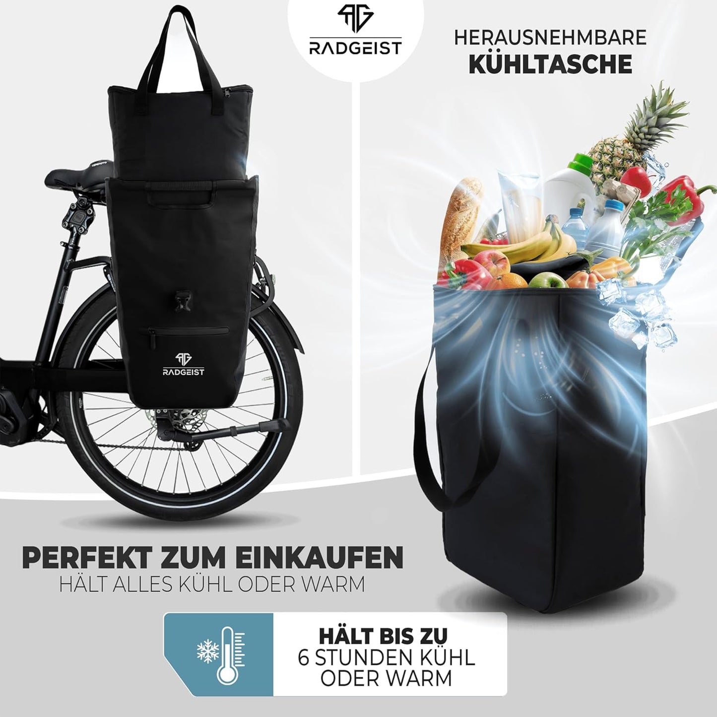 RADGEIST fietstas voor bagagedrager I fietstas shopper met uitneembare koeltas I boodschappentas & boodschappendraagtas 22-28 liter - zwart
