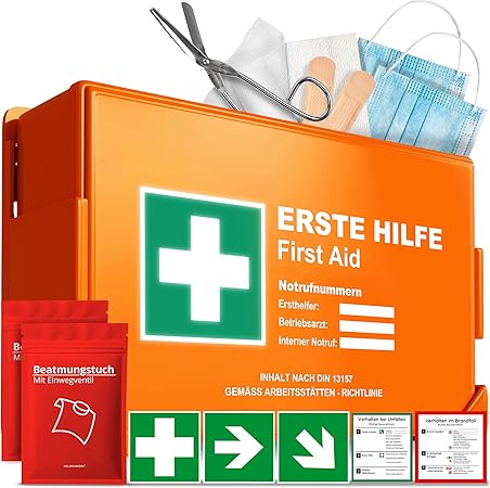 Eerste hulp doos volgens nieuwe DIN 13157:2021 incl. wandhouder en stickers | universele EHBO-koffer voor bedrijf, huishouden of horeca - kantoorverbanddoos gevuld, sanitaire doos