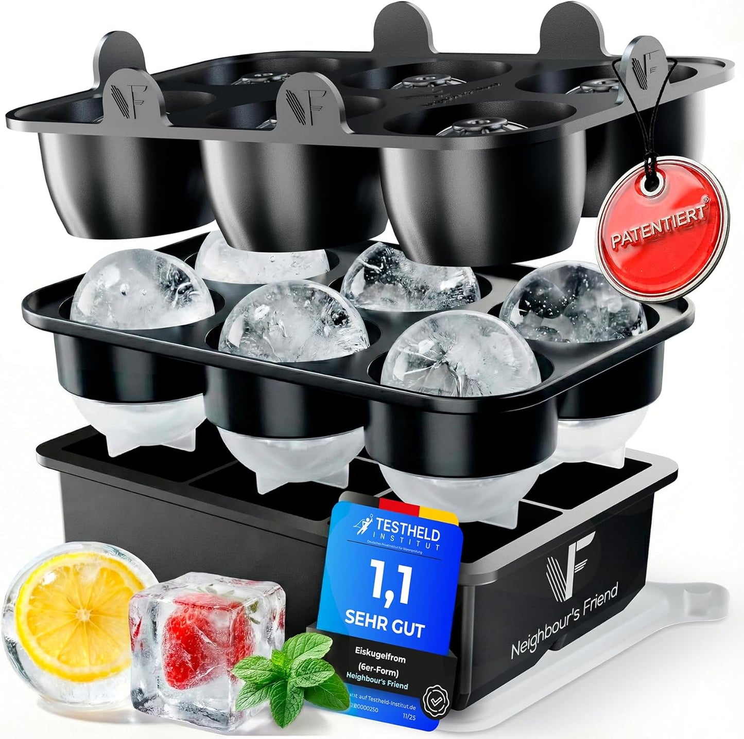 Neighbour's Friend - Gepatenteerde XXL ijsblokjesvorm Platinum - ronde grote ijsblokjesvorm voor cocktails, gin & dranken - 6 ijsballen + 6 klassieke ijsblokjes