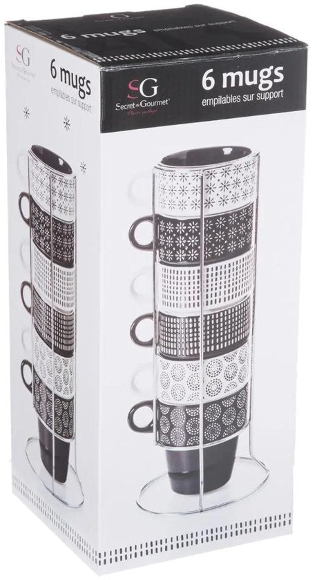 Secret de Gourmet Koffie mokken/bekers Artista - 6x stuks in metalen rekje - Keramiek - glans afwerking - 260 ml - 8 x 9 cm