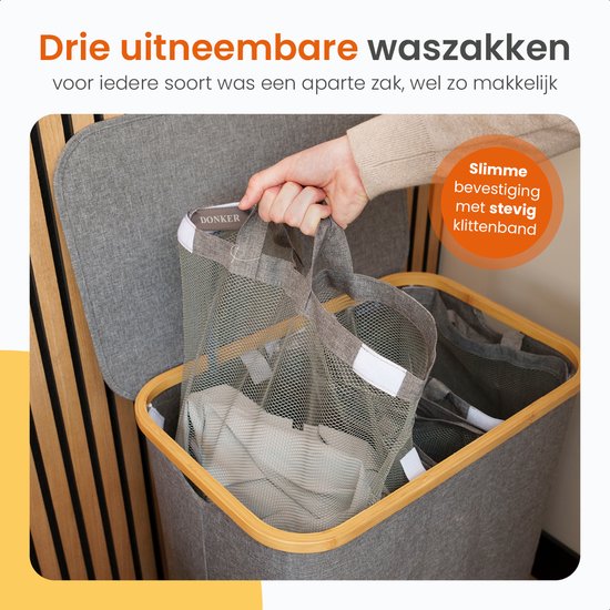 Goliving Wassorteerder 3 Vakken - 150L - Opvouwbare Wasmand Met Deksel - 3 Uitneembare Zakken Met Kleurlabels - 57 x 37 x 66 cm - Grijs