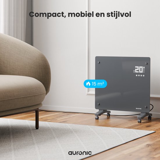 Auronic Elektrische Kachel – Convectorkachel met Thermostaat en Afstandsbediening - Glazen Paneelverwarming - 1000W Heater - Grijs