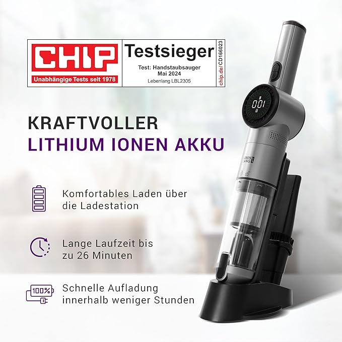 LEBENLANG Draadloze Stofzuiger - Accu - 17000PA - 135W - Sterke Lithiumbatterij - Inclusief Oplaadstation - Grijs
