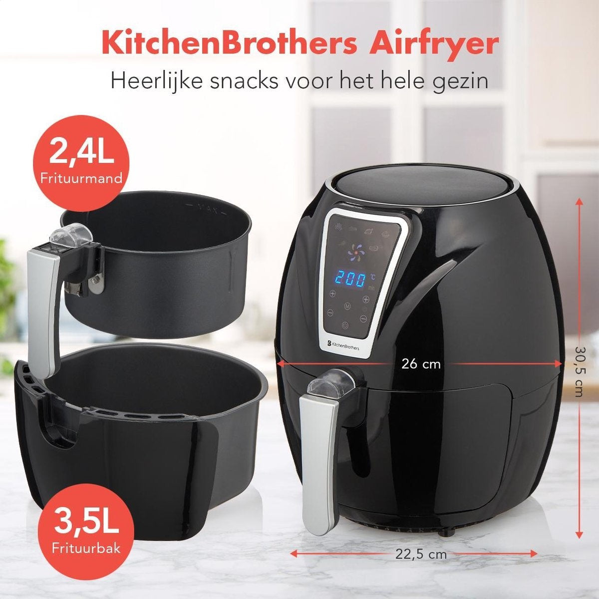 KitchenBrothers Airfryer - Heteluchtfriteuse - 1300W - 3,5L - Zwart