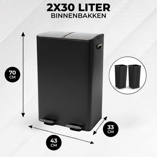 Bayt Prullenbak - Prullenbak 60 Liter (2x30) - Vuilnisbak 60 Liter - Pedaalemmer 60 Liter - Prullenbak Afvalscheiding - Prullenbak 2 Vakken - Afvalbak - RVS - Zwart/Zilver