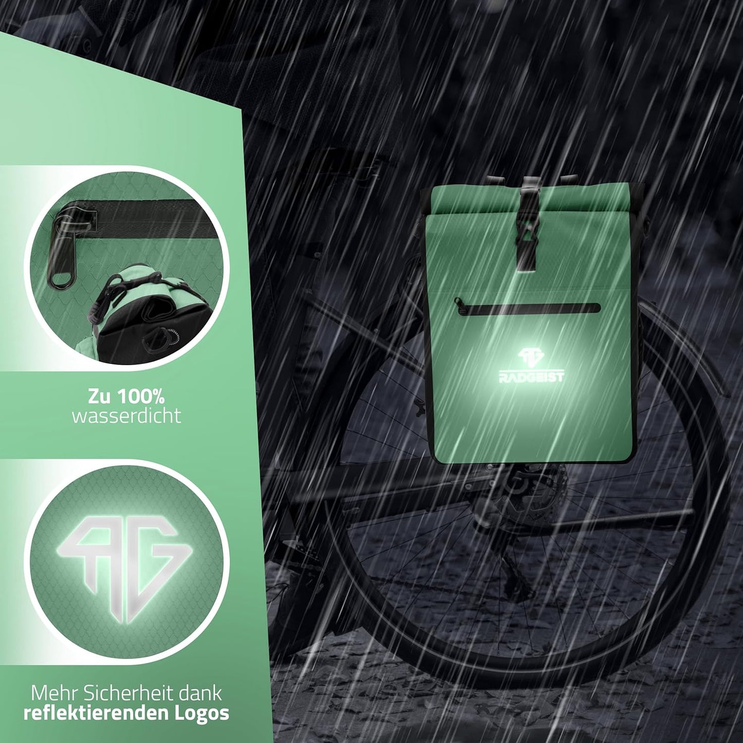 RADGEIST 3in1 fietstas voor bagagedrager - fietsrugzak - draagtas - schoudertas - met laptopvak - waterdicht - 25L - Mint