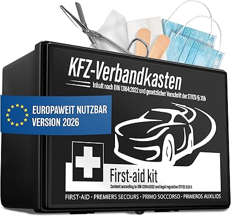 HELDENWERK Auto verbanddoos 2026 voor heel Europa inzetbaar en getest (conform het Duitse verkeer) - EHBO-kit EHBO-kit verbanddoos DIN 13164 gecertificeerd - EHBO-tas - Zwart