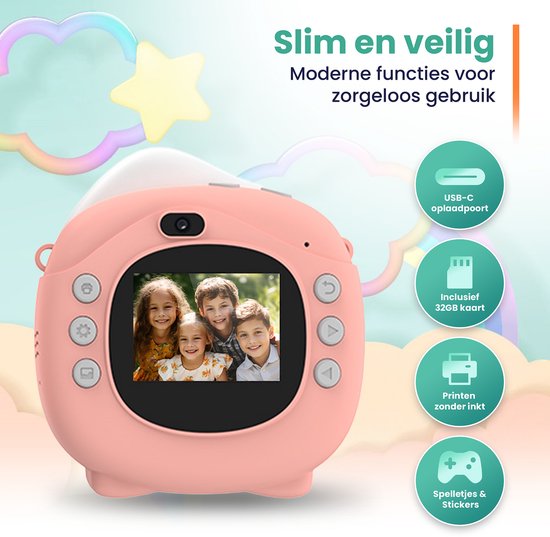 ODESSEY Kindercamera met Printer - Full HD - Selfie Camera - 32GB SD Kaart - Foto - Video - Spelletjes - Digitale Camera Kinderen - Fototoestel voor kinderen - Roze