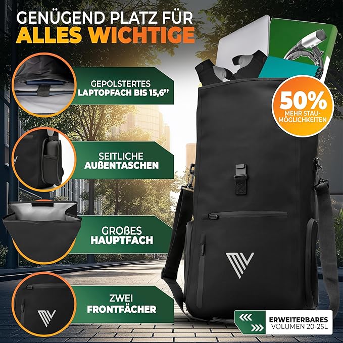 MIVELO – 3-in-1 Rugzak & Schoudertas – Waterdicht – 25 liter – Zwart