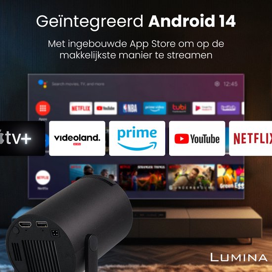 Lumina® Pro Mini Beamer 2026 – Android 14 Smart Projector met Google Playstore – Thuisbioscoop – Voor iOS & Android – WiFi 6 & Bluetooth 5.4 – Zwart
