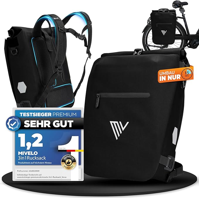 MIVELO - 3-in-1 Fietstas Rugzak - 15 liter Inhoud & 100% Waterdicht - TPU - Zwart