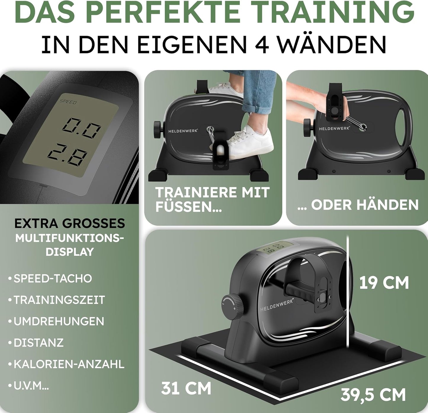Heldenwerk Stoelfiets voor Armen en Benen – Compacte Mini Hometrainer voor Thuis – Met Weerstand en Trainingsdisplay – Inclusief Antislipmat en Bevestigingsriem – Zwart – 40 x 35 x 30 cm