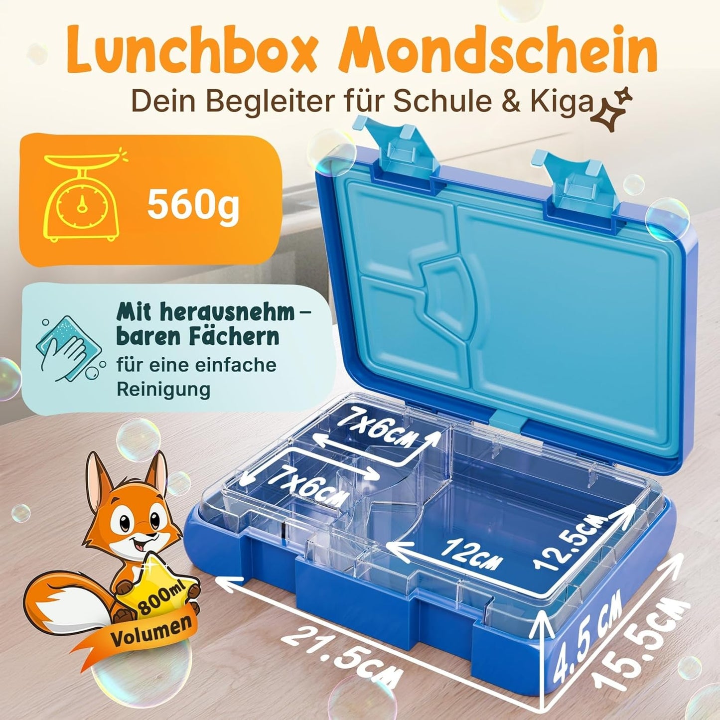 Funkelfuchs® - Lunchbox kinderen met vakverdeling - 800ml, blauw - Lunchbox maanlicht, groot - Snackbox, snackbox, broodtrommel, maaltijdbox, bentobox kinderen - voor school, crèche en kinderdagverblijf