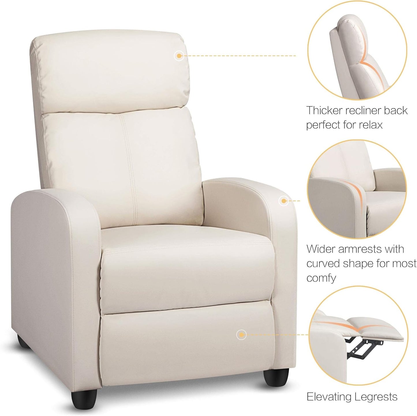 Yaheetech Relaxstoel met Ligfunctie - Verstelbare Fauteuil van Kunstleer - Pocketveren - Beige - 3 Zit- en Ligstanden