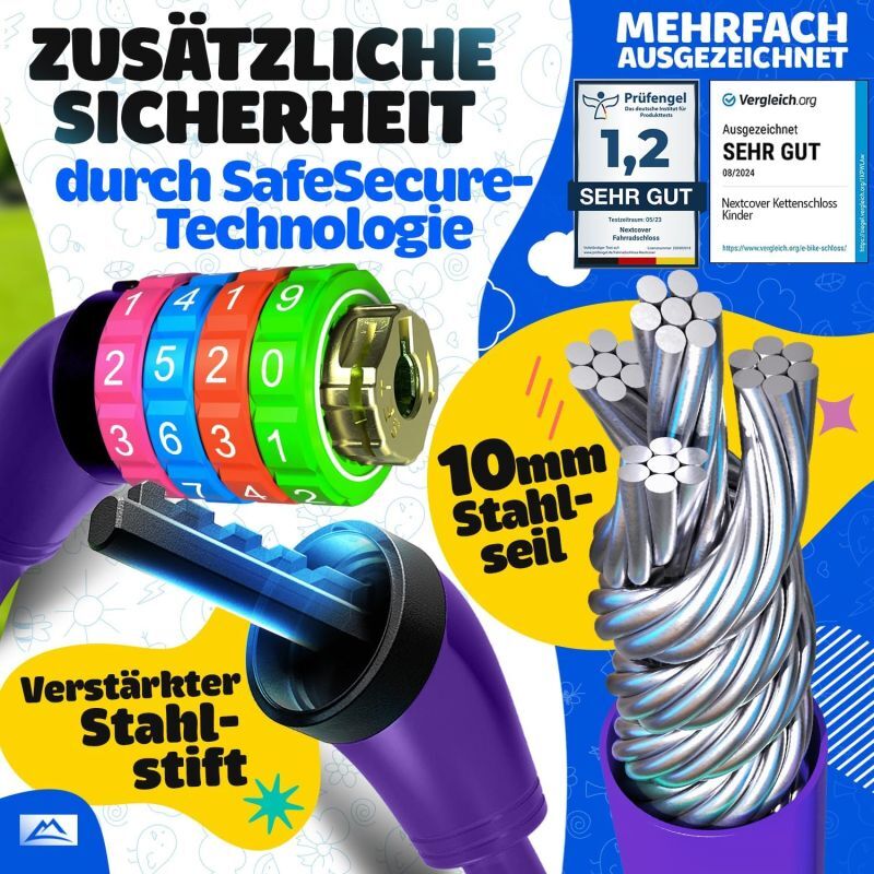 NEXTCOVER® Kinderfietsslot met 4-cijferige cijfercode - Kinderfietsslot - Ideaal voor scooters, fietsen & meer - Combinatieslot fiets met kleurrijke cijfers - Scooterslot Extra robuust & veilig