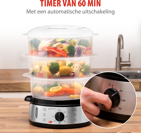 alpina Stoomkoker 9L - Stomer 800W - Voedselstomer met Timer en Warmhoudfunctie - Groente Stomer met 3 Lagen - Steamer voor Groente, Rijst, Kip, Fruit, Vis en Eieren - RVS