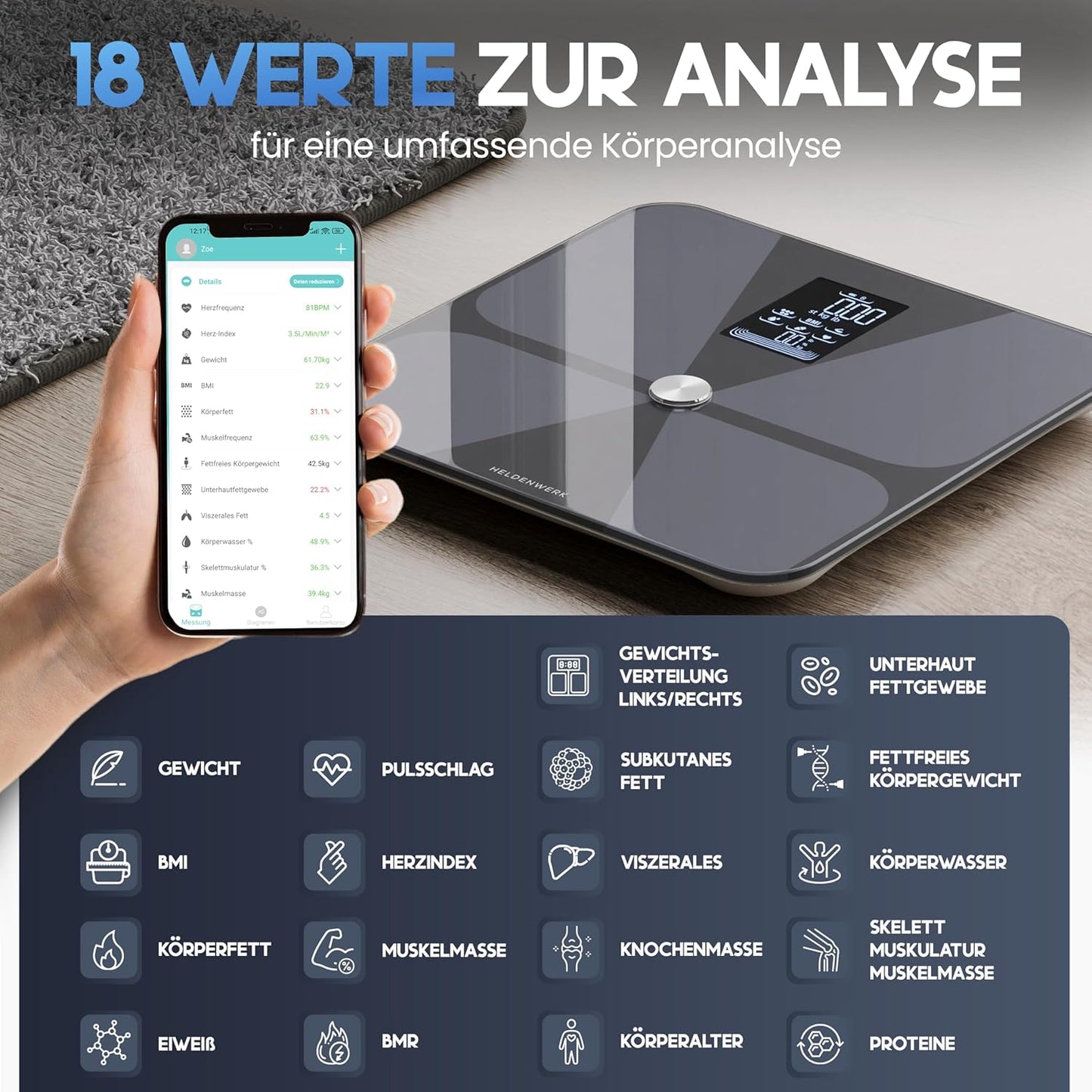 Heldenwerk personenweegschaal - Digitaal - 180KG - Lichaamsanalyse - Zwart/Donker Grijs