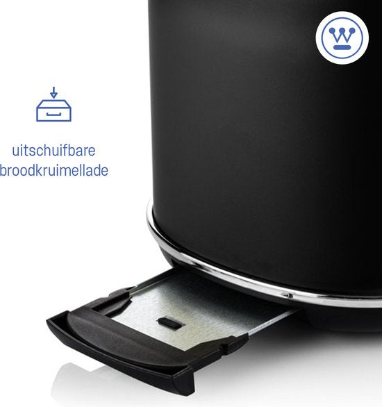 Westinghouse Retro Broodrooster – 2 Sneden – Extra Brede Sleuven – Warmhoudrek – 815W – Zwart